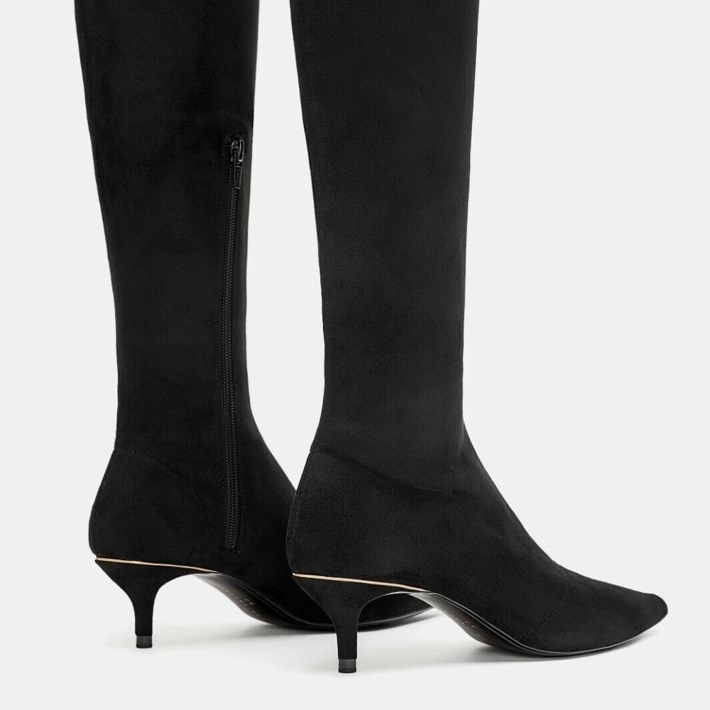 ZARA Black Tall Fabric Thigh High Kitten HEEL OVER-THE-KNEE Boots Black New - Picture 6 of 7